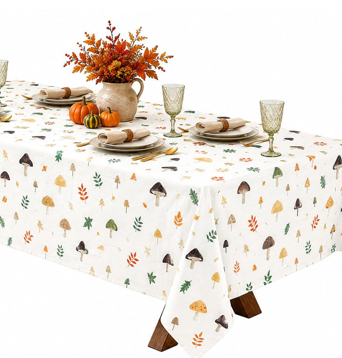Home Bargains Plus Thanksgiving Mushroom Delight Vinyl Tablecloth with Flannel Backing, PEVA Non Toxic Easy Care Fall Table Cover for Holiday Party, Autumn Leaves
