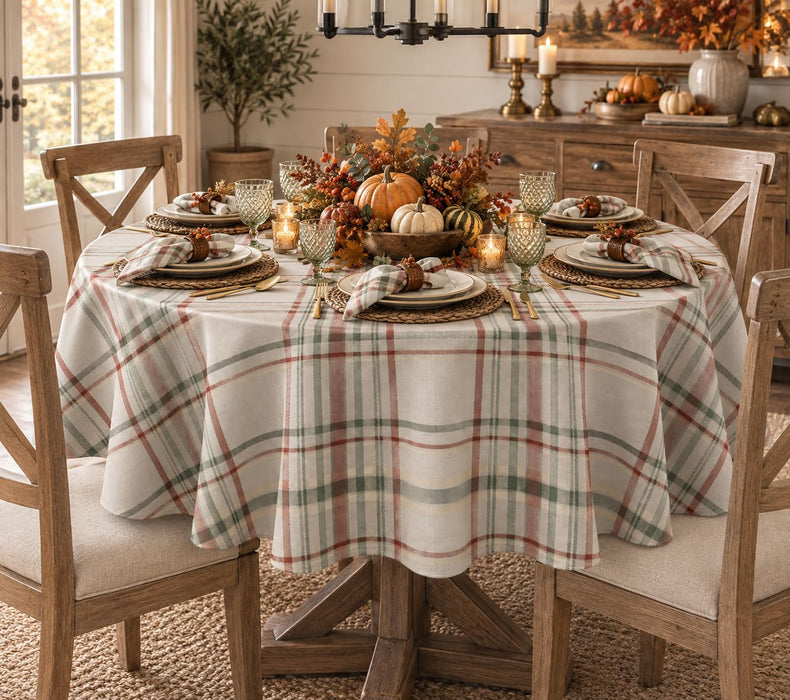 Pocono Plaid Thanksgiving Tablecloth, Farmhouse Green & Rust, Stain Repellent