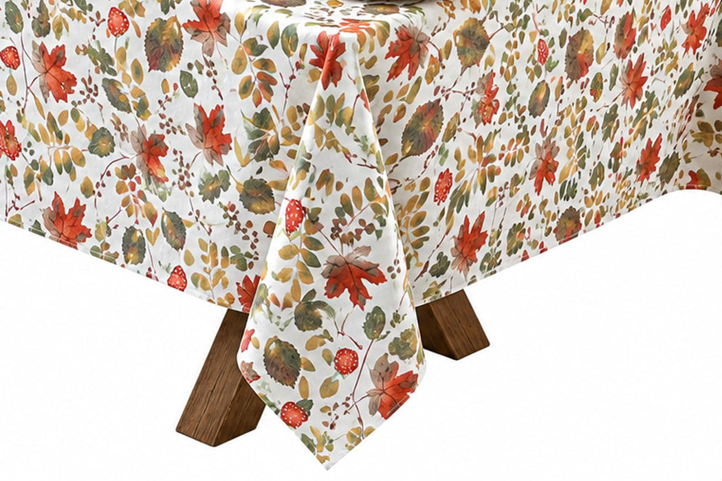 Home Bargains Plus Thanksgiving Red Fall Leaves and Mushroom Vinyl Tablecloth with Flannel Backing, PEVA Non Toxic Easy Care Fall Table Cover for Holiday Dining