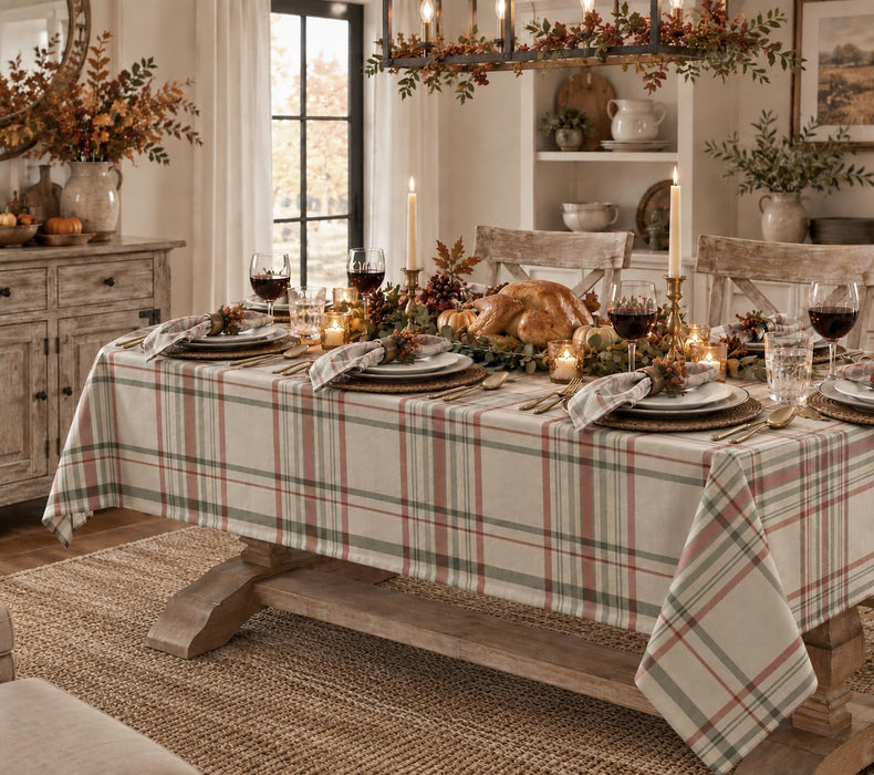 Pocono Plaid Thanksgiving Tablecloth, Farmhouse Green & Rust, Stain Repellent