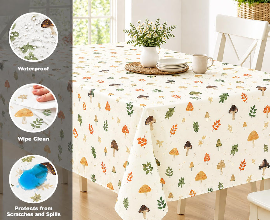 Home Bargains Plus Thanksgiving Mushroom Delight Vinyl Tablecloth with Flannel Backing, PEVA Non Toxic Easy Care Fall Table Cover for Holiday Party, Autumn Leaves