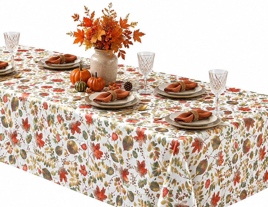Home Bargains Plus Thanksgiving Red Fall Leaves and Mushroom Vinyl Tablecloth with Flannel Backing, PEVA Non Toxic Easy Care Fall Table Cover for Holiday Dining