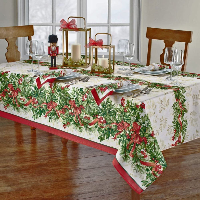 Newbridge Holly Ribbon Traditions Bordered Christmas Fabric Tablecloth, Boughs of Holly and Berry Ribbon Garland Print Easy Care Tablecloths and Napkins