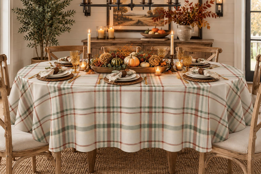 Pocono Plaid Thanksgiving Tablecloth, Farmhouse Green & Rust, Stain Repellent