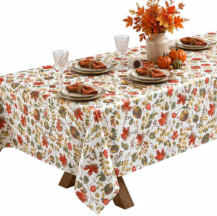 Home Bargains Plus Thanksgiving Red Fall Leaves and Mushroom Vinyl Tablecloth with Flannel Backing, PEVA Non Toxic Easy Care Fall Table Cover for Holiday Dining