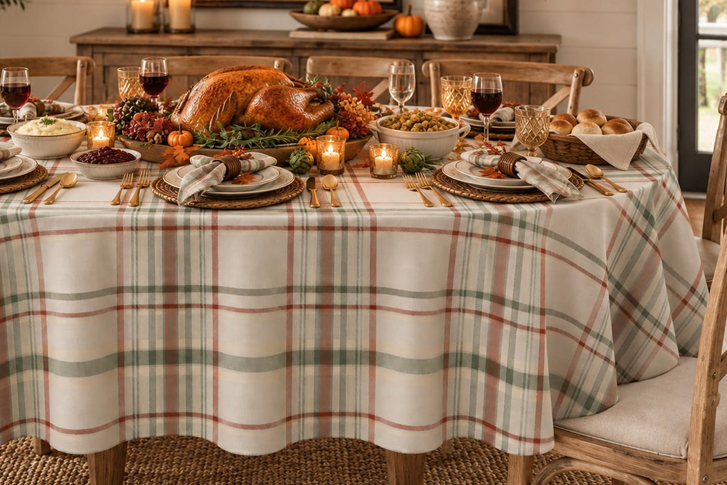Pocono Plaid Thanksgiving Tablecloth, Farmhouse Green & Rust, Stain Repellent