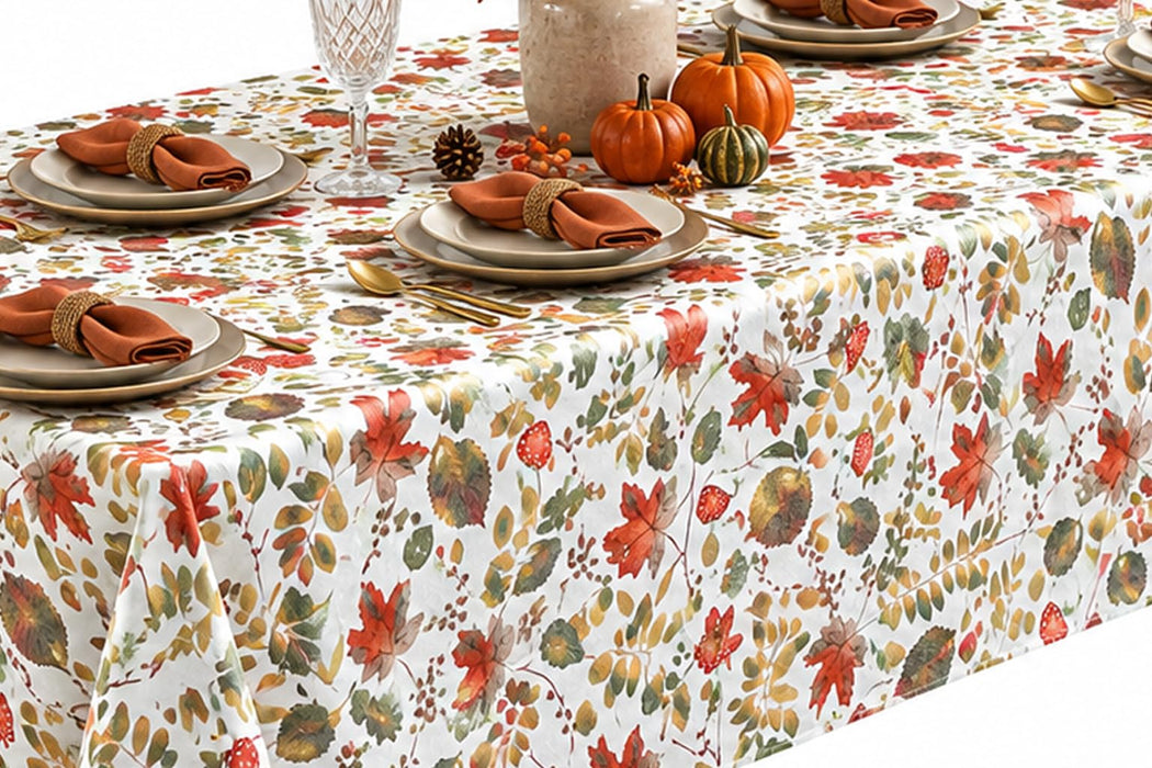 Home Bargains Plus Thanksgiving Red Fall Leaves and Mushroom Vinyl Tablecloth with Flannel Backing, PEVA Non Toxic Easy Care Fall Table Cover for Holiday Dining