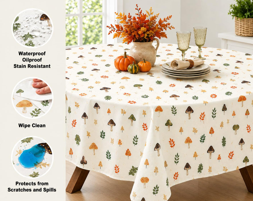 Home Bargains Plus Thanksgiving Mushroom Delight Vinyl Tablecloth with Flannel Backing, PEVA Non Toxic Easy Care Fall Table Cover for Holiday Party, Autumn Leaves