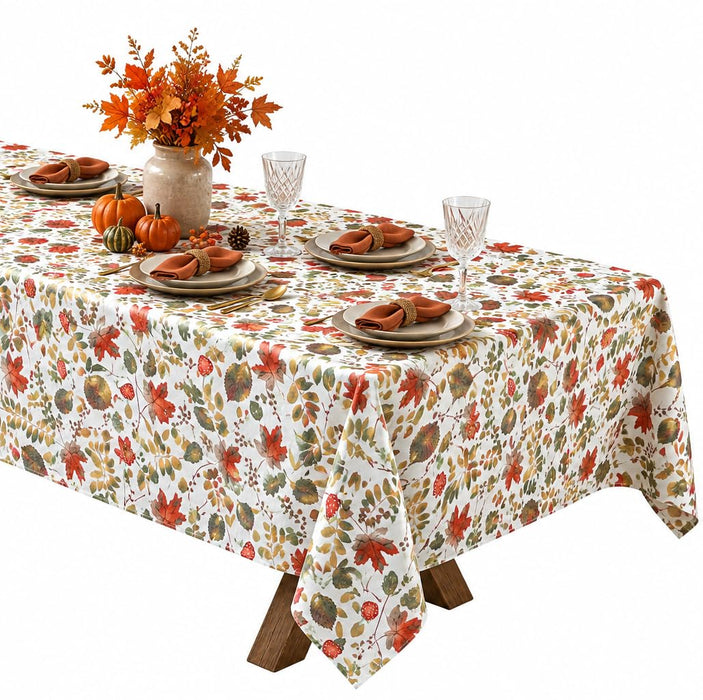 Home Bargains Plus Thanksgiving Red Fall Leaves and Mushroom Vinyl Tablecloth with Flannel Backing, PEVA Non Toxic Easy Care Fall Table Cover for Holiday Dining