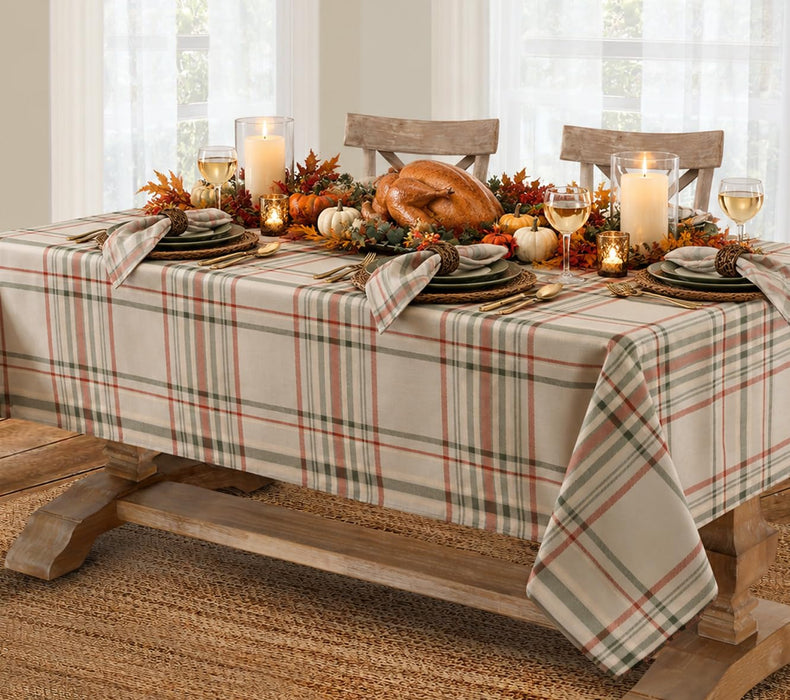 Pocono Plaid Thanksgiving Tablecloth, Farmhouse Green & Rust, Stain Repellent