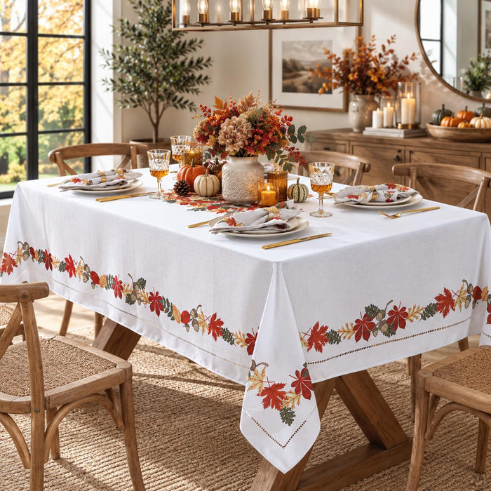 Home Bargains Plus Red Green and Gold Bordered Leaves Fabric Holiday Dining Tablecloth, Napkins, Placemats and Table Runner