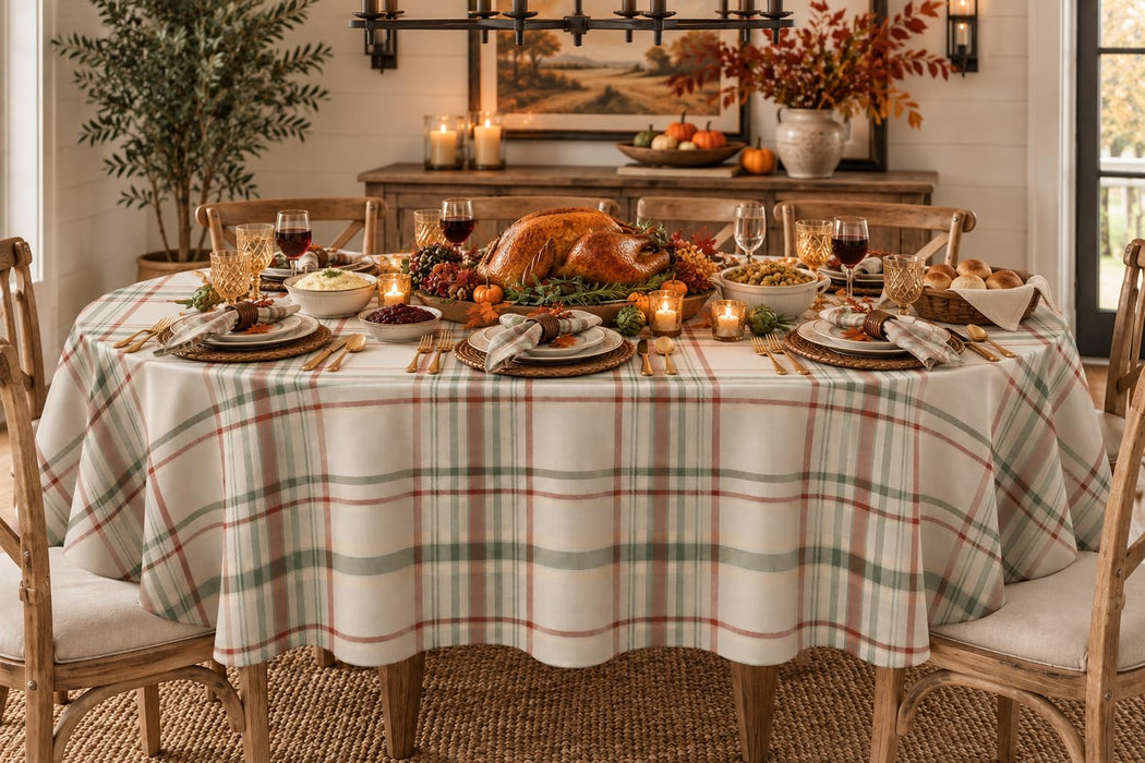 Pocono Plaid Thanksgiving Tablecloth, Farmhouse Green & Rust, Stain Repellent