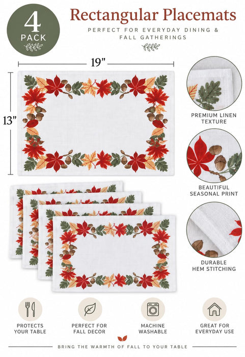 Home Bargains Plus Red Green and Gold Bordered Leaves Fabric Holiday Dining Tablecloth, Napkins, Placemats and Table Runner
