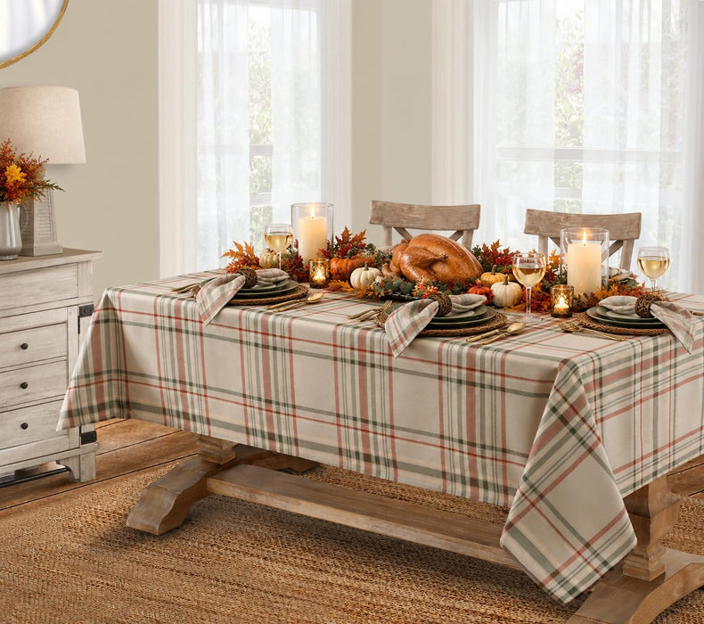 Pocono Plaid Thanksgiving Tablecloth, Farmhouse Green & Rust, Stain Repellent