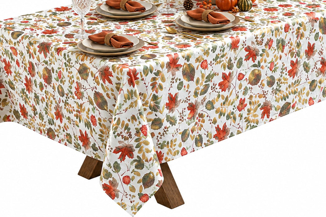 Home Bargains Plus Thanksgiving Red Fall Leaves and Mushroom Vinyl Tablecloth with Flannel Backing, PEVA Non Toxic Easy Care Fall Table Cover for Holiday Dining