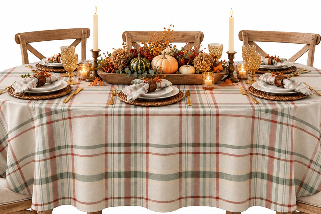 Pocono Plaid Thanksgiving Tablecloth, Farmhouse Green & Rust, Stain Repellent