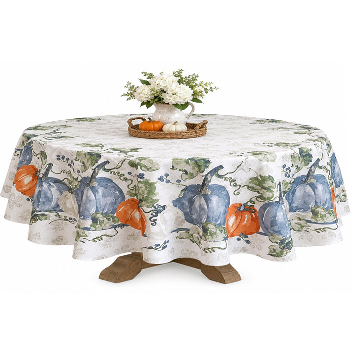 Blue Pumpkin Vines Stone Washed Thanksgiving Fabric Tablecloth, Napkins & Placemats