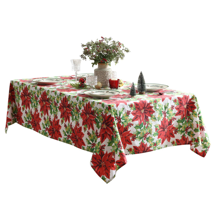 Home Bargains Plus Poinsettia Christmas Fabric Tablecloth, Red Poinsettias and Holly Holiday Floral Print, Winter Dining Table Cover, Holiday Table Decoration