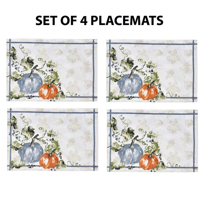 Blue Pumpkin Vines Stone Washed Thanksgiving Fabric Tablecloth, Napkins & Placemats