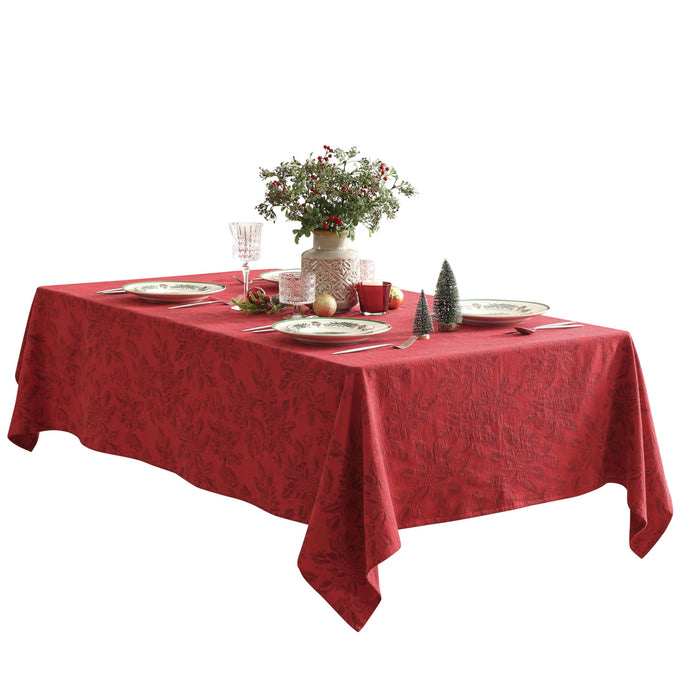 Home Bargains Plus Poinsettia Jacquard Fabric Tablecloth, Red Tone-on-Tone Holiday Floral Pattern, Cotton Blend Christmas Table Cover for Winter Dining