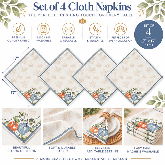 Blue Pumpkin Vines Stone Washed Thanksgiving Fabric Tablecloth, Napkins & Placemats