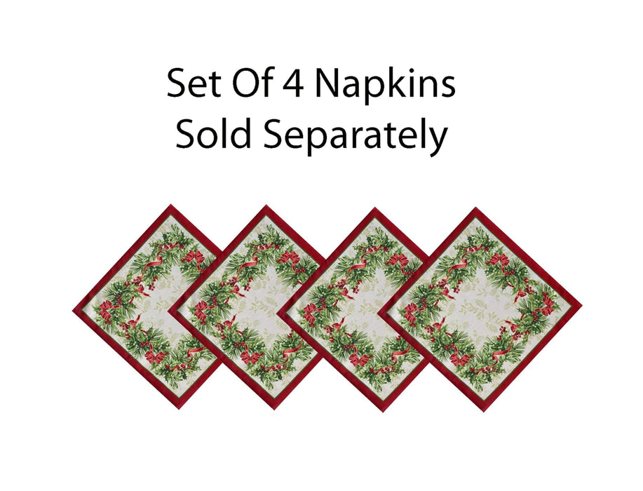 Newbridge Holly Ribbon Traditions Bordered Christmas Fabric Tablecloth, Boughs of Holly and Berry Ribbon Garland Print Easy Care Tablecloths and Napkins
