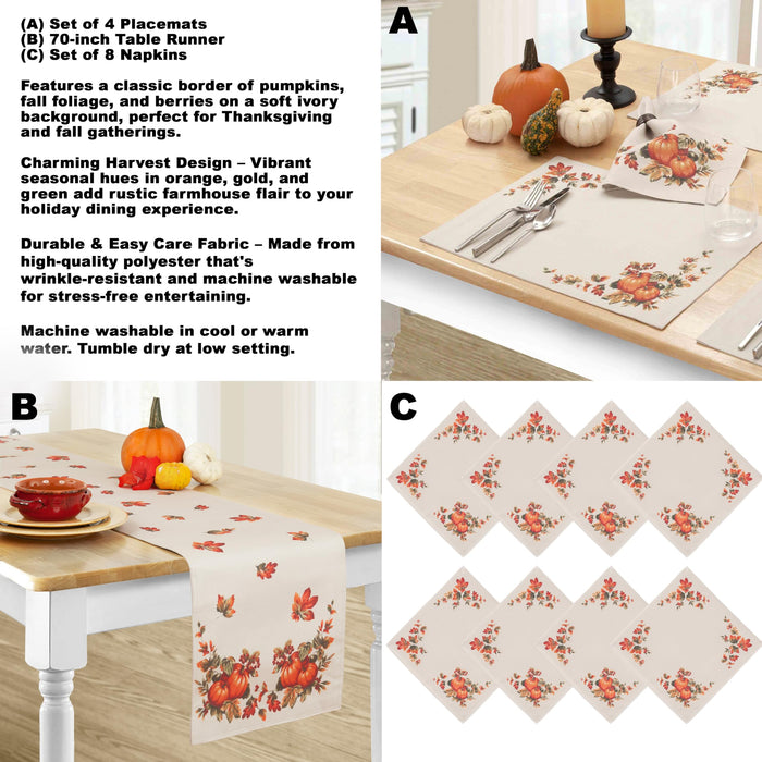 Thanksgiving Traditions Autumn Harvest Tablecloth, Fall Leaves & Pumpkin Border