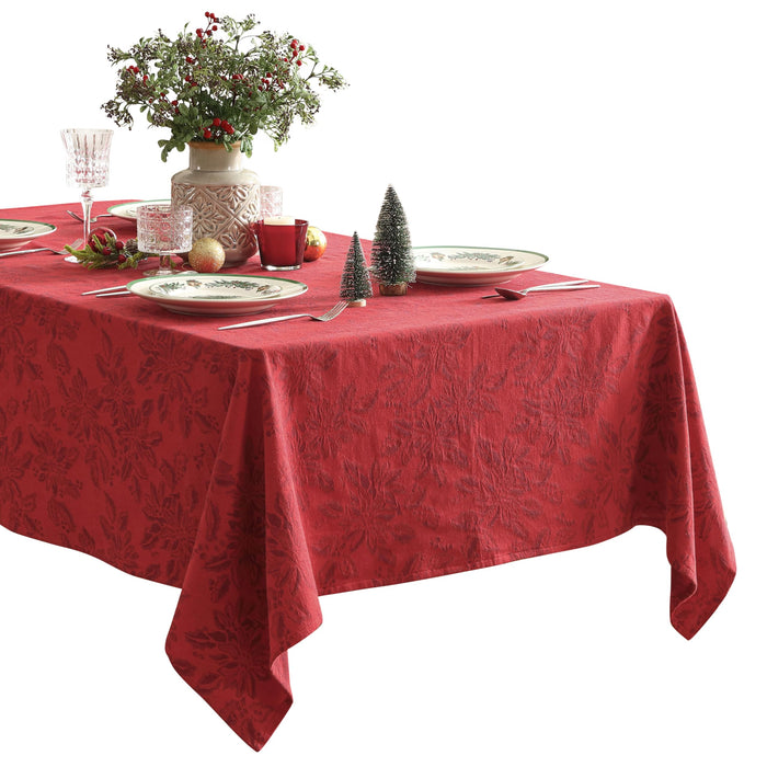 Home Bargains Plus Poinsettia Jacquard Fabric Tablecloth, Red Tone-on-Tone Holiday Floral Pattern, Cotton Blend Christmas Table Cover for Winter Dining