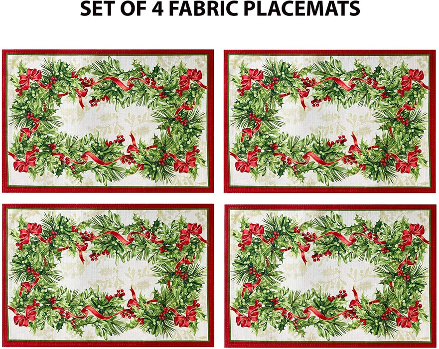 Newbridge Holly Ribbon Traditions Bordered Christmas Fabric Tablecloth, Boughs of Holly and Berry Ribbon Garland Print Easy Care Tablecloths and Napkins