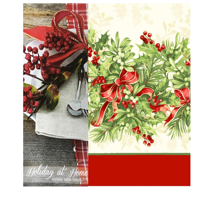 Newbridge Holly Ribbon Traditions Bordered Christmas Fabric Tablecloth, Boughs of Holly and Berry Ribbon Garland Print Easy Care Tablecloths and Napkins