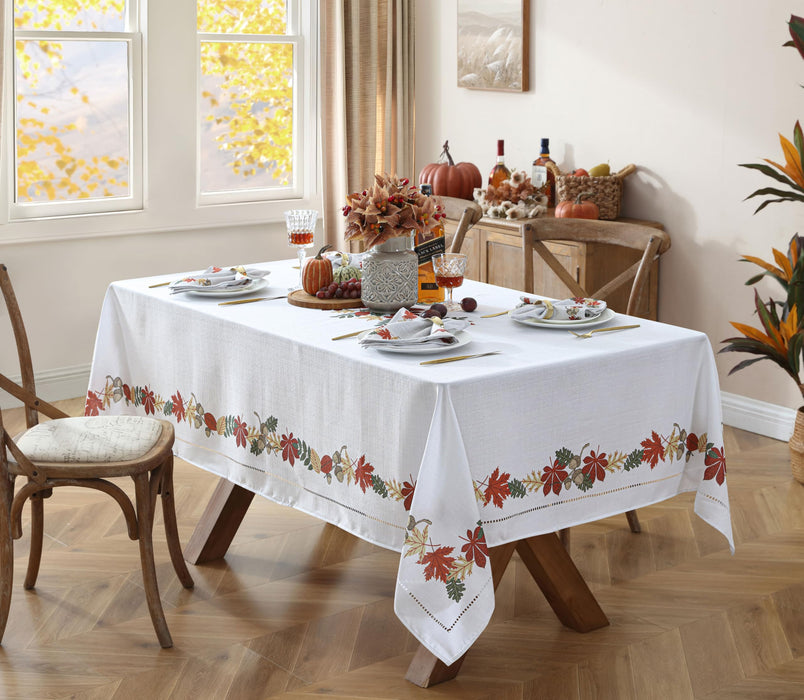 Home Bargains Plus Red Green and Gold Bordered Leaves Fabric Holiday Dining Tablecloth, Napkins, Placemats and Table Runner