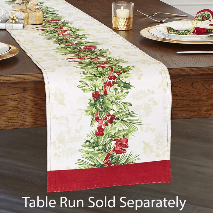 Newbridge Holly Ribbon Traditions Bordered Christmas Fabric Tablecloth, Boughs of Holly and Berry Ribbon Garland Print Easy Care Tablecloths and Napkins