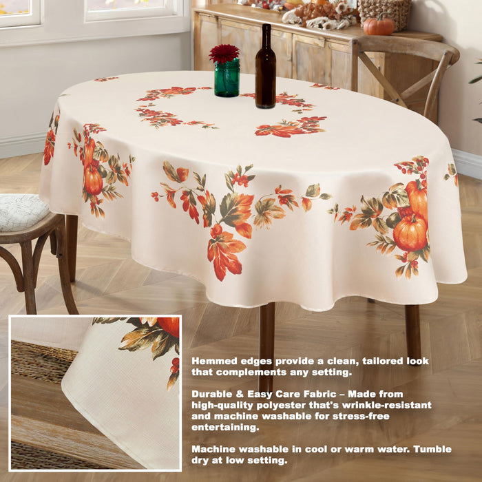 Thanksgiving Traditions Autumn Harvest Tablecloth, Fall Leaves & Pumpkin Border