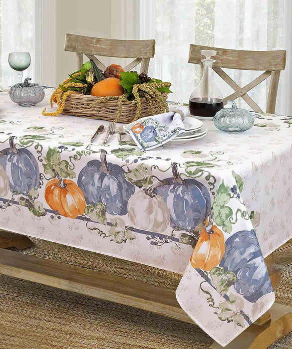 Blue Pumpkin Vines Stone Washed Thanksgiving Fabric Tablecloth, Napkins & Placemats
