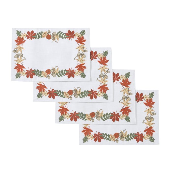 Home Bargains Plus Red Green and Gold Bordered Leaves Fabric Holiday Dining Tablecloth, Napkins, Placemats and Table Runner