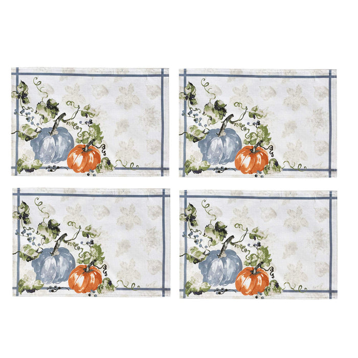 Blue Pumpkin Vines Stone Washed Thanksgiving Fabric Tablecloth, Napkins & Placemats