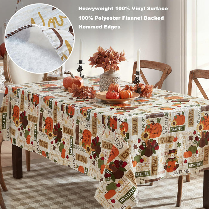 Fall Hayride and Happy Scarecrow Thanksgiving Vinyl Flannel Backed Tablecloth, Gingham Turkeys and Pumpkin by Newbridge