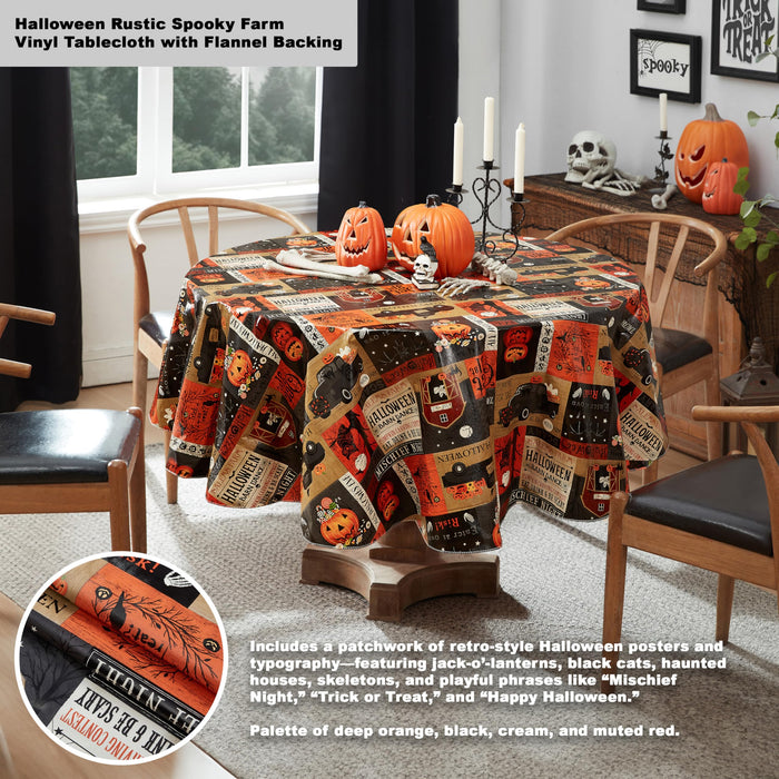 Rustic Spooky Farm Halloween Vinyl Tablecloth with Flannel Backing by Newbridge