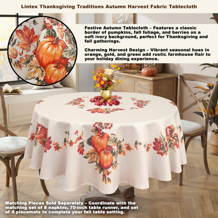 Thanksgiving Traditions Autumn Harvest Tablecloth, Fall Leaves & Pumpkin Border