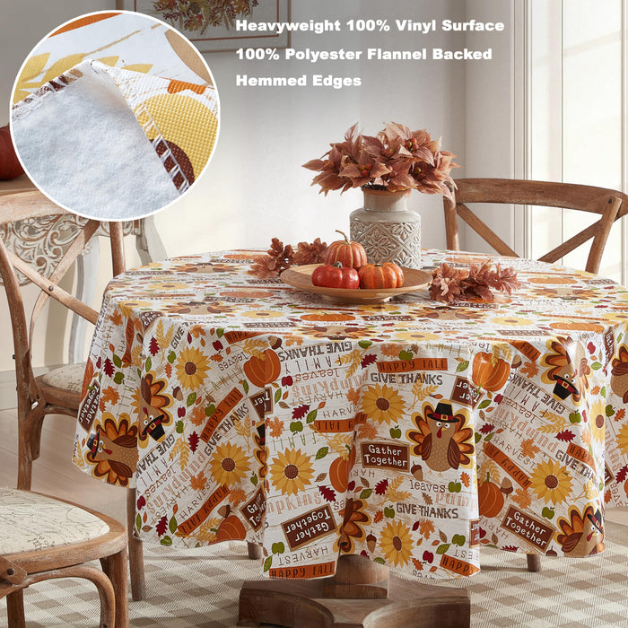 Happy Thanksgiving Turkey Vinyl Flannel Backed Tablecloth, Whimsical Fall Harvest by Newbridge