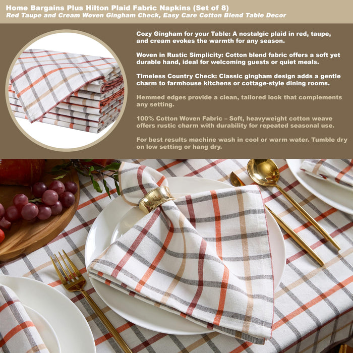 Home Bargains Plus Thanksgiving Hilton Plaid Fabric Tablecloth, Red Taupe Cream Woven Gingham Check Harvest Easy Care Cotton Blend Table Cover and Napkin