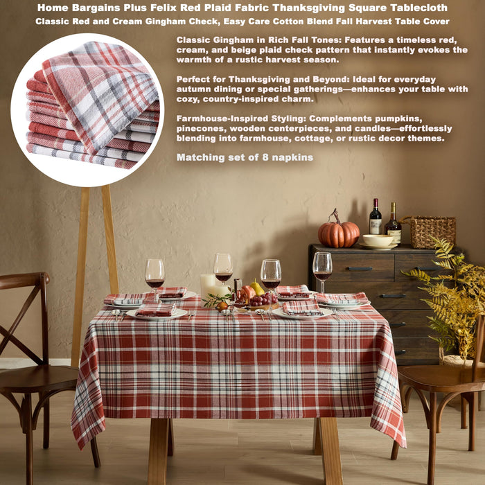 Home Bargains Plus Chambord and Felix Thanksgiving Red Plaid Fabric Tablecloths, Rustic Farmhouse Fall Harvest Easy Care Cotton Blend Table Cover