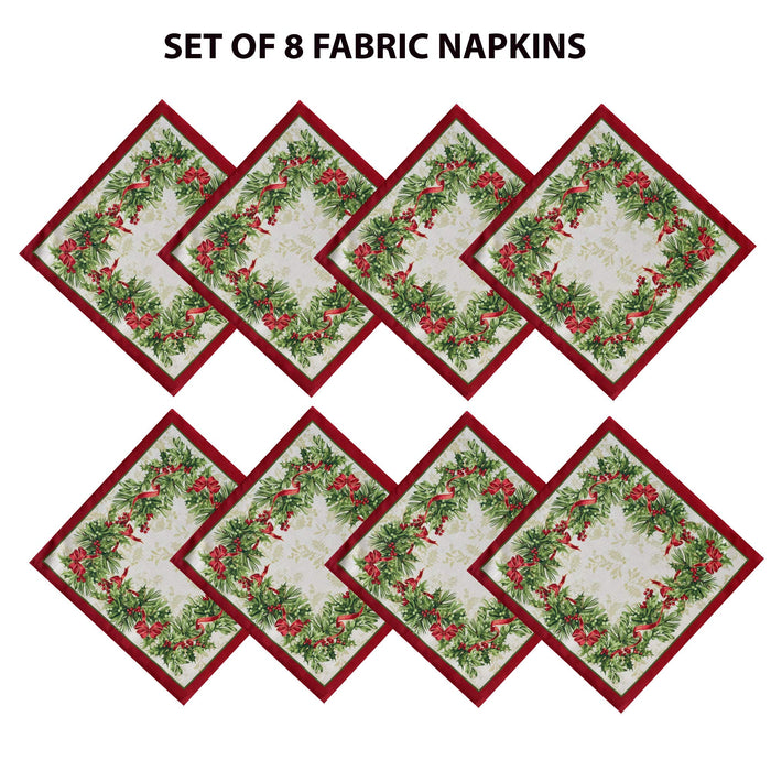 Newbridge Holly Ribbon Traditions Bordered Christmas Fabric Tablecloth, Boughs of Holly and Berry Ribbon Garland Print Easy Care Tablecloths and Napkins