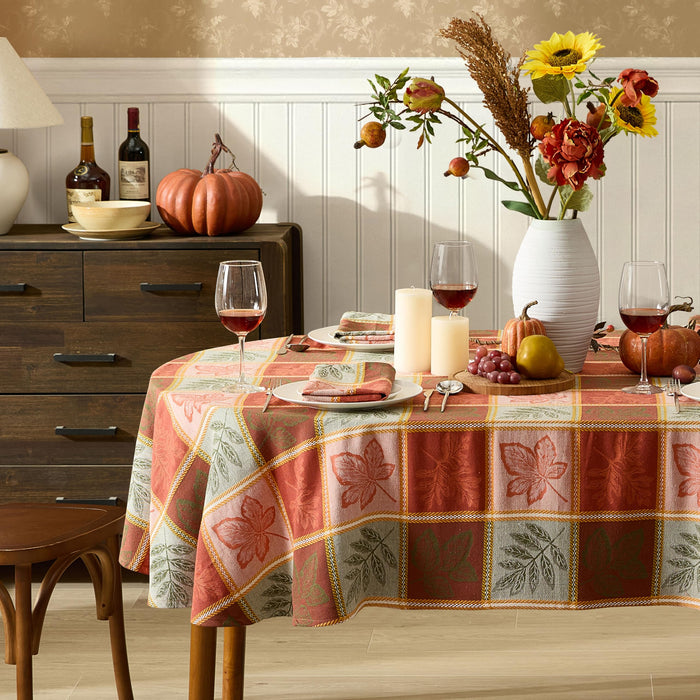 Whispering Leaves Rust Orange Green Plaid Thanksgiving Tablecloth, Woven Fabric