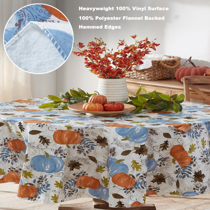 Blue Hampstead Farm Pumpkin Field Autumn and Thanksgiving Vinyl Flannel Back Tablecloth by Newbridge