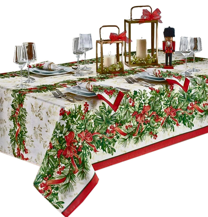 Newbridge Holly Ribbon Traditions Bordered Christmas Fabric Tablecloth, Boughs of Holly and Berry Ribbon Garland Print Easy Care Tablecloths and Napkins