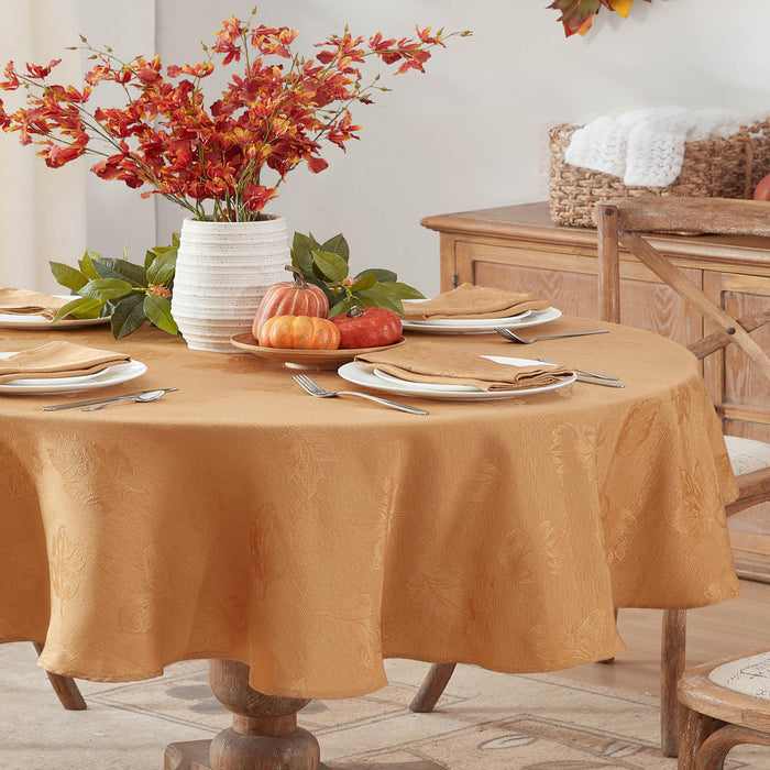 Tremont Leaf Damask Fabric Tablecloth & Napkins, Soil Resistant, Easy Care