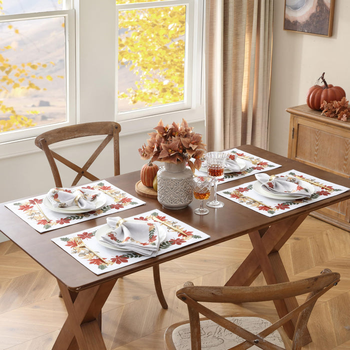 Home Bargains Plus Red Green and Gold Bordered Leaves Fabric Holiday Dining Tablecloth, Napkins, Placemats and Table Runner