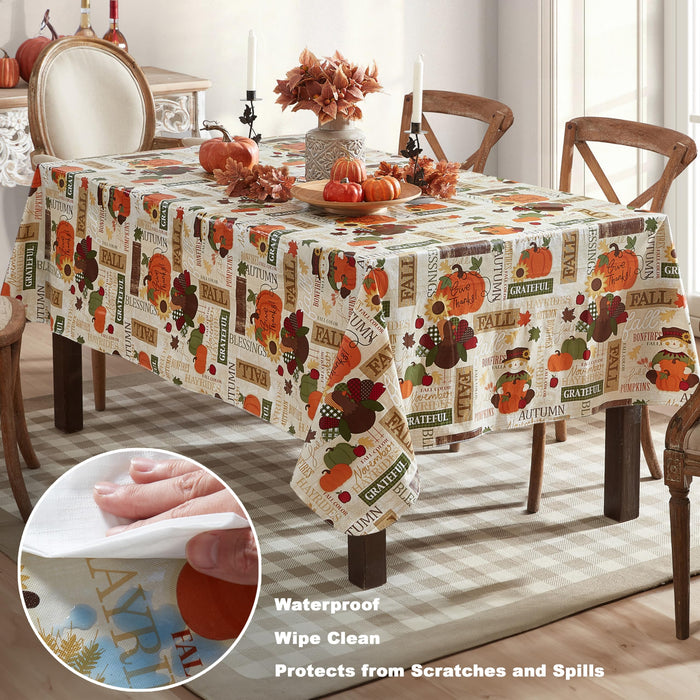 Fall Hayride and Happy Scarecrow Thanksgiving Vinyl Flannel Backed Tablecloth, Gingham Turkeys and Pumpkin by Newbridge