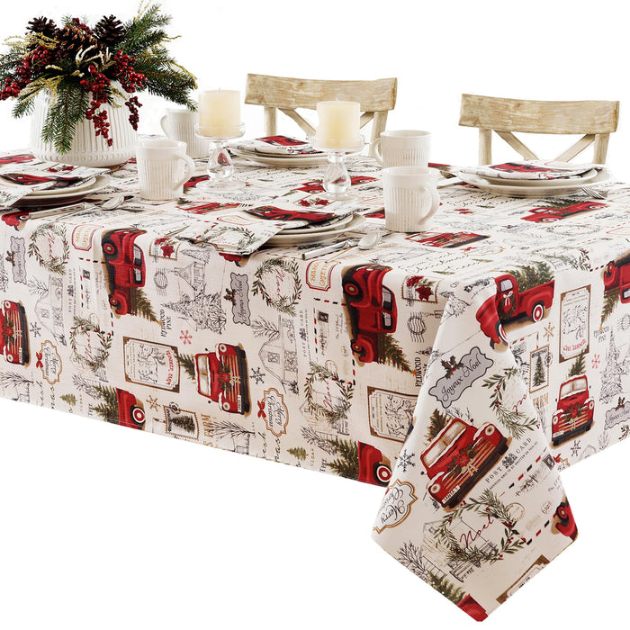 Newbridge Christmas Pine Hill Tree Farm Fabric Tablecloth, Nostalgic Retro Holiday Country Farm Truck No Iron and Stain Resistant Table Cover, Napkins, Placemats and Table Runners for Party, Banquet